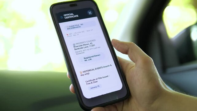 Mobile property title statement inside a car. User taps to order a certified document, then reviews a clean title with no encumbrances. Perfect for PropTech apps, real estate due diligence