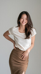 Fototapeta premium happy beautiful asian woman portrait in elegant brown skirt studio shot, slim asian female model touching hip with soft shadows on beige background, professional fashion portrait of confident woman 