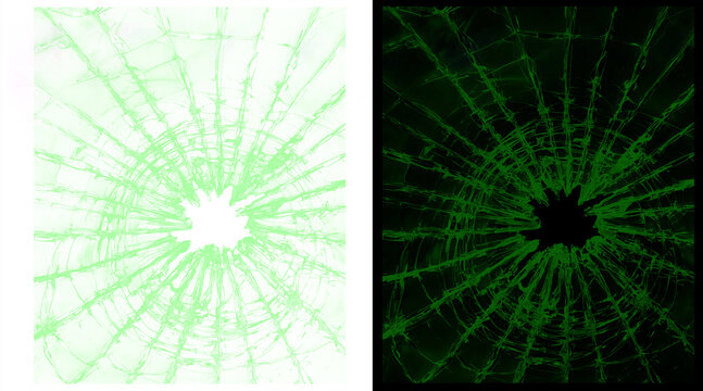 Shattered glass texture with radial cracks, broken window effect on white and black background, green tinted cracked glass pattern for overlay