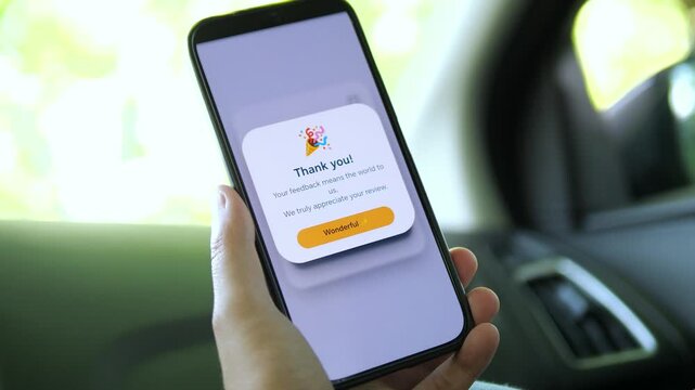 Positive reinforcement in action. A user receives a warm Thank you confirmation after submitting a review, complete with celebratory confetti. Ideal for app design portfolios, emotional UI showcase.