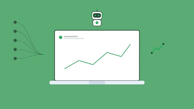 AI robot over a laptop with an ascending data line, graph icon and data stream, green color scheme