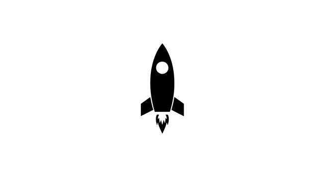 A minimalist black and white graphic illustration of a rocket ship blasting off with a trail of fire