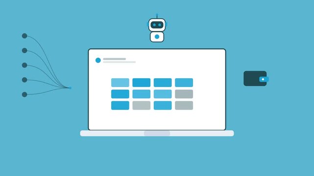 AI robot over a laptop with an animated data grid, wallet icon and data stream, cyan color scheme