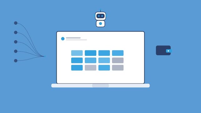 AI robot over a laptop with an animated data grid, wallet icon and data stream, azure blue color scheme