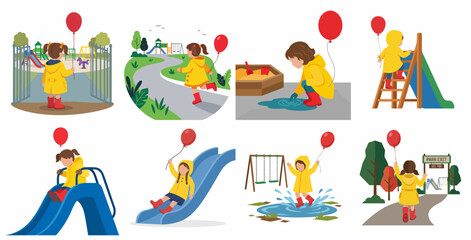 Fototapeta premium Set of Little Girl in Yellow Raincoat and Red Boots Playing at a Playground Vector Illustration