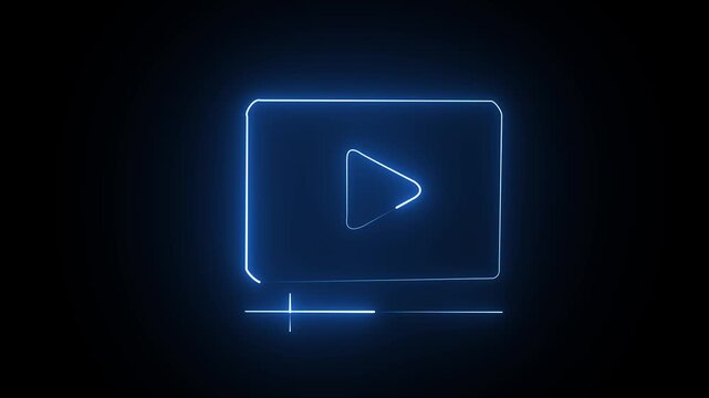 Glowing blue neon video play button icon on a dark black background