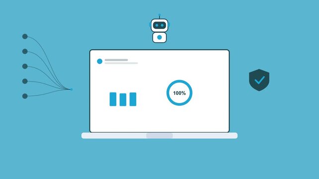AI robot over a laptop with a finance dashboard, shield icon and data stream, cyan color scheme
