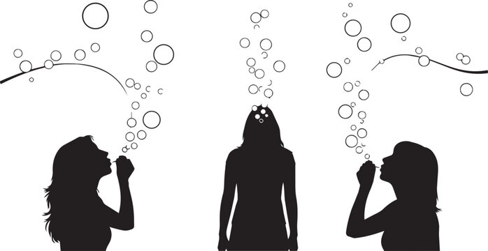 Silhouettes of women blowing bubbles during a celebration against a white background