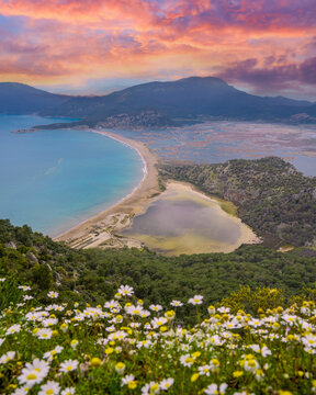 Sulungur Lake and Iztuzu Beach view from hill in Dalyan Village of Mugla Province