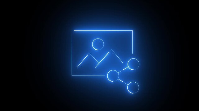Glowing blue neon icon of a photo image being shared on a dark black background