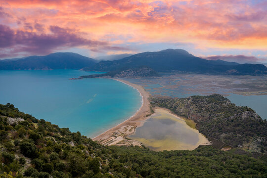 Sulungur Lake and Iztuzu Beach view from hill in Dalyan Village of Mugla Province