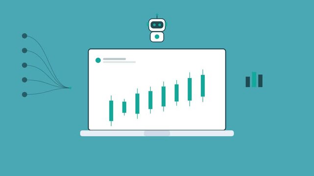 AI robot over a laptop with an animated candlestick chart, chart icon and data stream, teal color scheme