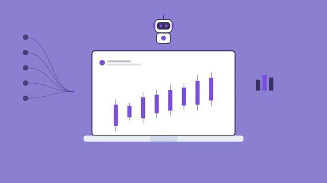 AI robot over a laptop with an animated candlestick chart, chart icon and data stream, violet color scheme