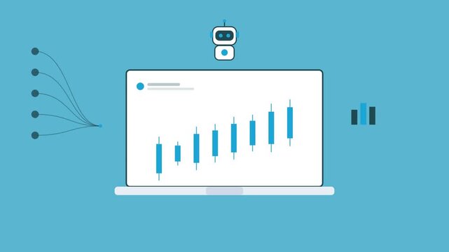 AI robot over a laptop with an animated candlestick chart, chart icon and data stream, cyan color scheme