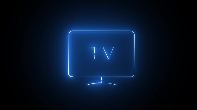 Glowing blue neon tv screen icon sign on dark black background