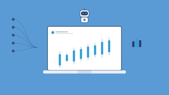 AI robot over a laptop with an animated candlestick chart, chart icon and data stream, azure blue color scheme