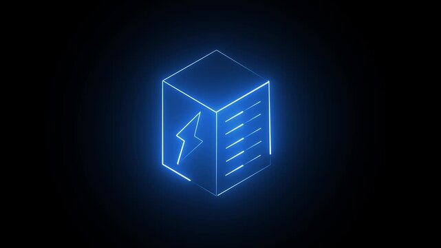 Glowing blue neon cube icon with a lightning bolt symbol representing power and energy technology