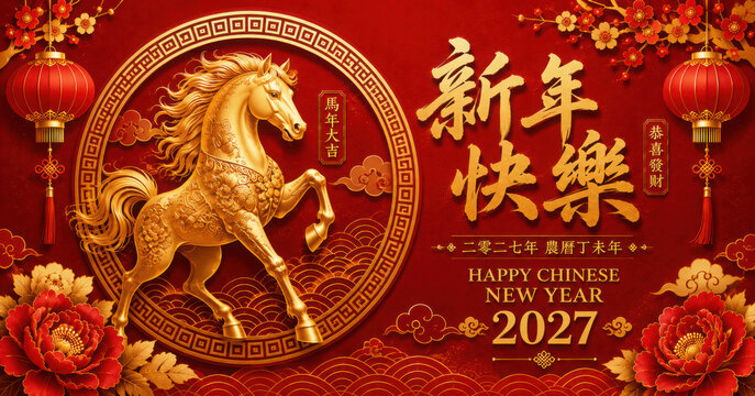 Happy Chinese new year 2026. Horse zodiac sign on red background. Asian elements with craft paper cut style lantern flower clouds. Translation Happy new year, Year of the horse.