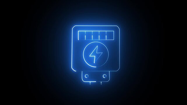 Neon blue electric meter icon representing power consumption and energy usage on black background