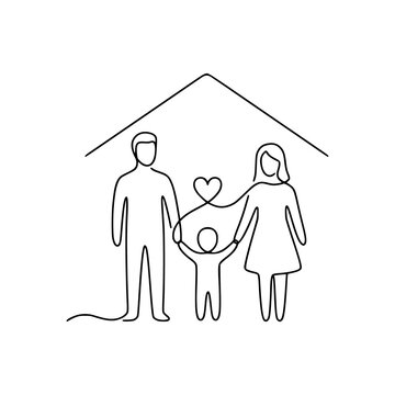 Family Protection Under Roof Line Art Vector Illustration
