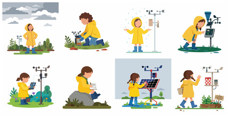 Fototapeta premium Kids Science Project Meteorology and Weather Station Vector Illustration Set