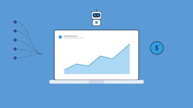 AI robot over a laptop with a rising area chart, coin icon and data stream, azure blue color scheme