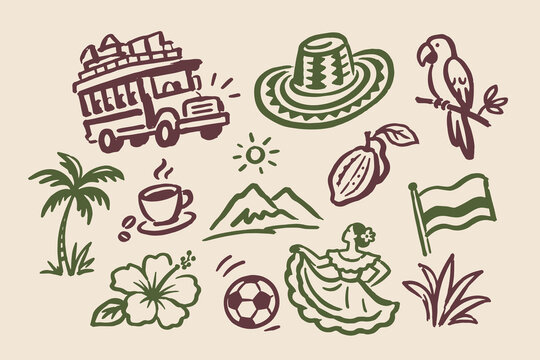 Colombia Culture Doodle Vector Set Illustration