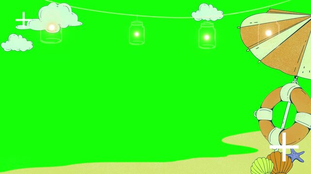 Beach scene featuring a lifebuoy and seashells under a decorative umbrella provides a cheerful summer frame for vacation content.