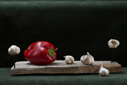Still life with red peppers and garlic