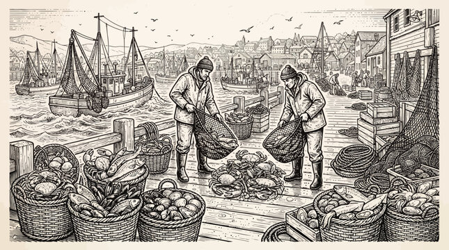 Fishermen unloading fresh catch of fish and seafood from boats at a busy harbor dock, illustration.