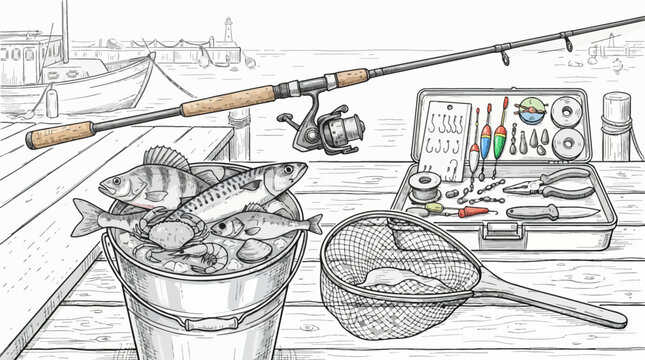 Fishing Gear and Fresh Catch on Wooden Pier: Rod, Reel, Tackle Box, Net, and Bucket of Fish