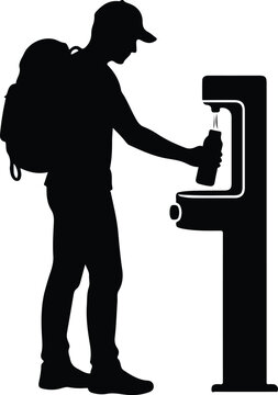 Man Refilling Water Bottle At Hydration Station Vector Silhouette