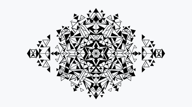 Geometric Abstract Snowflake Pattern, Symmetric Black and White Mandala Design, Intricate Fractal Art, Digital Illustration