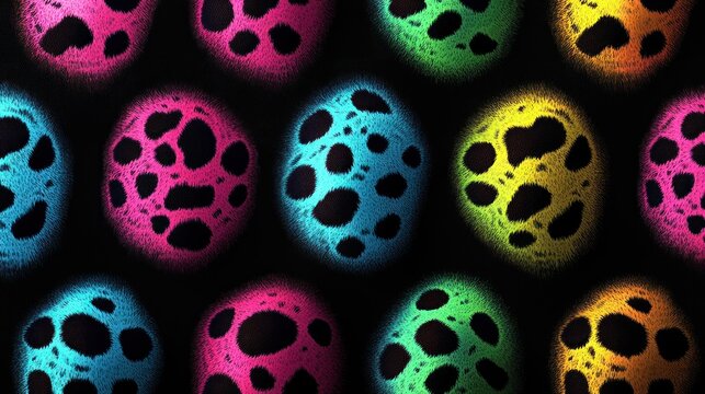 Brightly colored eggs with striking spots create a mesmerizing pattern on black