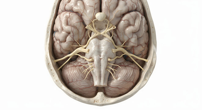 Inferior View of Human Brain Showing Cranial Nerves and Circle of Willis &ndash; Ultra Realistic 3D Medical Anatomy Illustration