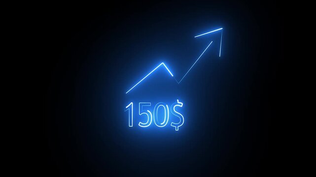 Blue neon glowing sign showing a rising arrow chart with one hundred fifty dollar symbol