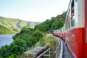 Scenic view from a passenger window of a regional train traveling along the iconic Douro Line in Portugal © paulomachado_9