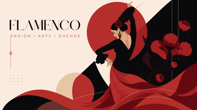 A graphic illustration of a flamenco dancer in a red dress, performing with passion and artistry against an abstract background.