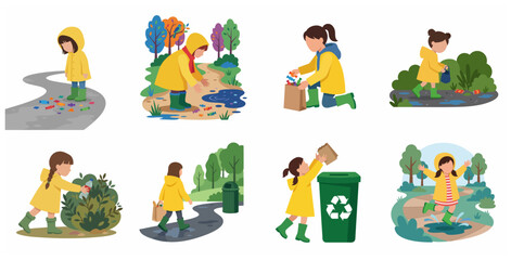 Fototapeta premium Little girls in yellow raincoats picking up trash and cleaning the park vector illustration set