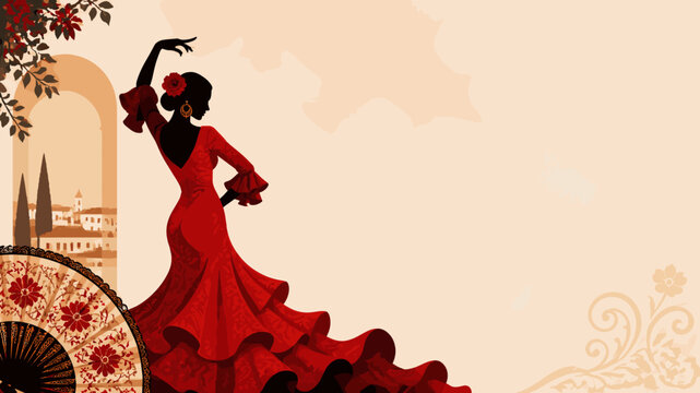 Elegant Flamenco Dancer in a Vibrant Red Dress with a Traditional Fan and Spanish Architecture.