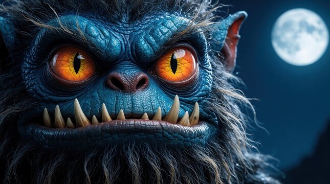 Close up blue monster face with glowing orange eyes stares intensely under full moon. Scary creature has sharp teeth, fur, scaly skin. Dark night forest background.