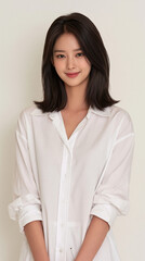 Obraz premium korean tech media editor woman in minimalist office, young korean woman with bob hair in modern technology workspace, elegant asian professional portrait with natural smile
