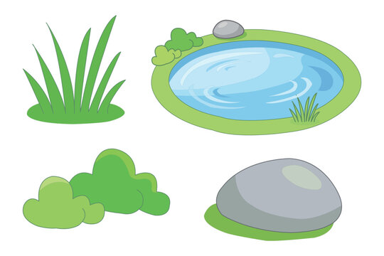 Set of cartoon nature elements including a pond, a large rock, a bush, and a patch of grass, vector illustration design elements for landscape decoration