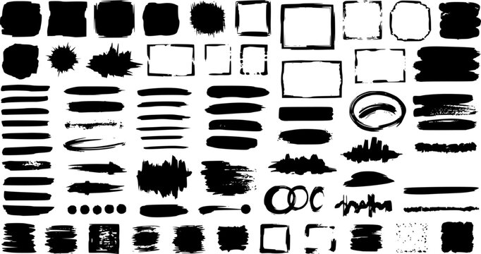 Paint brush strokes. Black vector rough edge rectangles. Grunge square frames set. Jagged edge torn paper background collection. Grungy distressed text boxes. Transparent background EPS version.