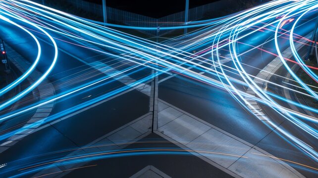 Long exposure night traffic light trails at a busy city road intersection abstract motion blur