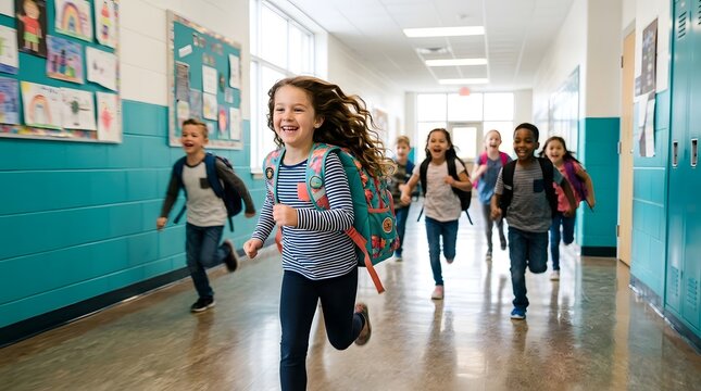 Excited children running down school hallway back to school concept