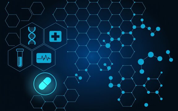 Blue medical technology background with hexagonal patterns DNA molecules test tube heartbeat and pill icons