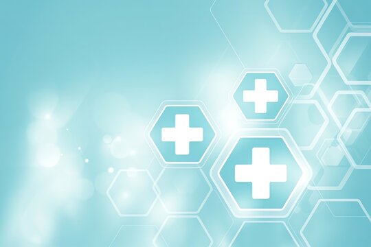 Abstract blue medical background with hexagon shapes and white cross symbols for healthcare and technology
