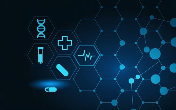 Abstract blue medical technology background with DNA helix icons and hexagonal network for healthcare science