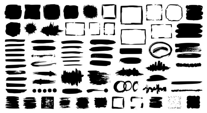 Paint brush strokes. Black vector rough edge rectangles. Grunge square frames set. Jagged edge torn paper background collection. Grungy distressed text boxes. Transparent background PNG version.